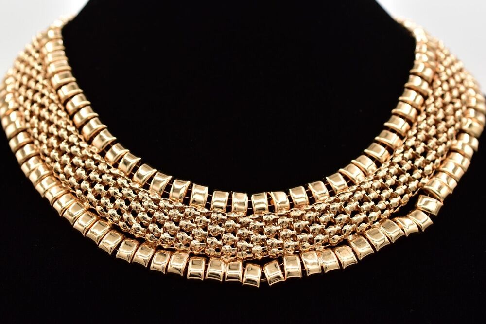 NY VIntage Collar Necklace Bib Chunky Gold Tone Mesh Chain Thick 90s 1990s Bin5